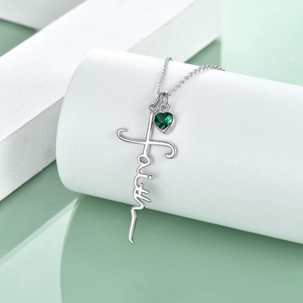 Faith Cross Necklace for Women Birthstone Sterling Silver with Simulated Birthstone Cross Jewelry Christian Gifts