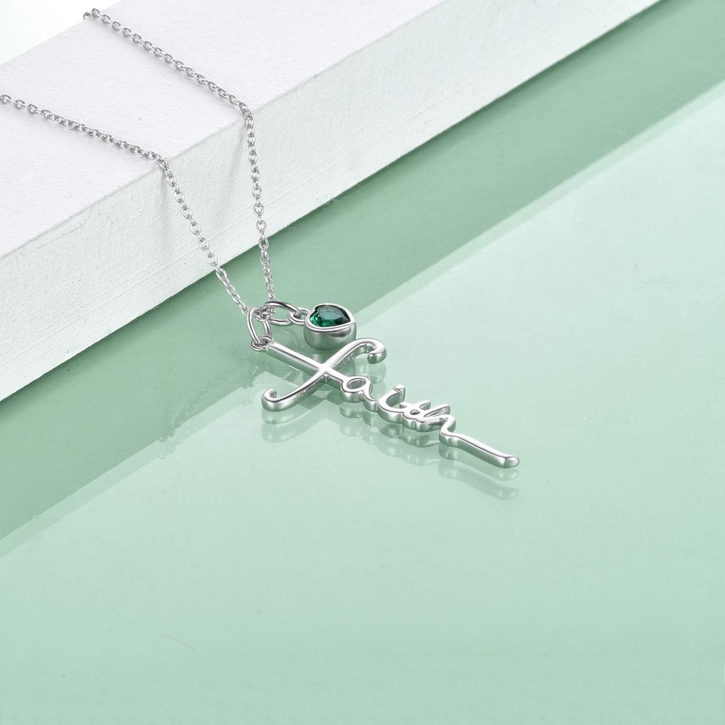 Faith Cross Necklace for Women Birthstone Sterling Silver with Simulated Birthstone Cross Jewelry Christian Gifts