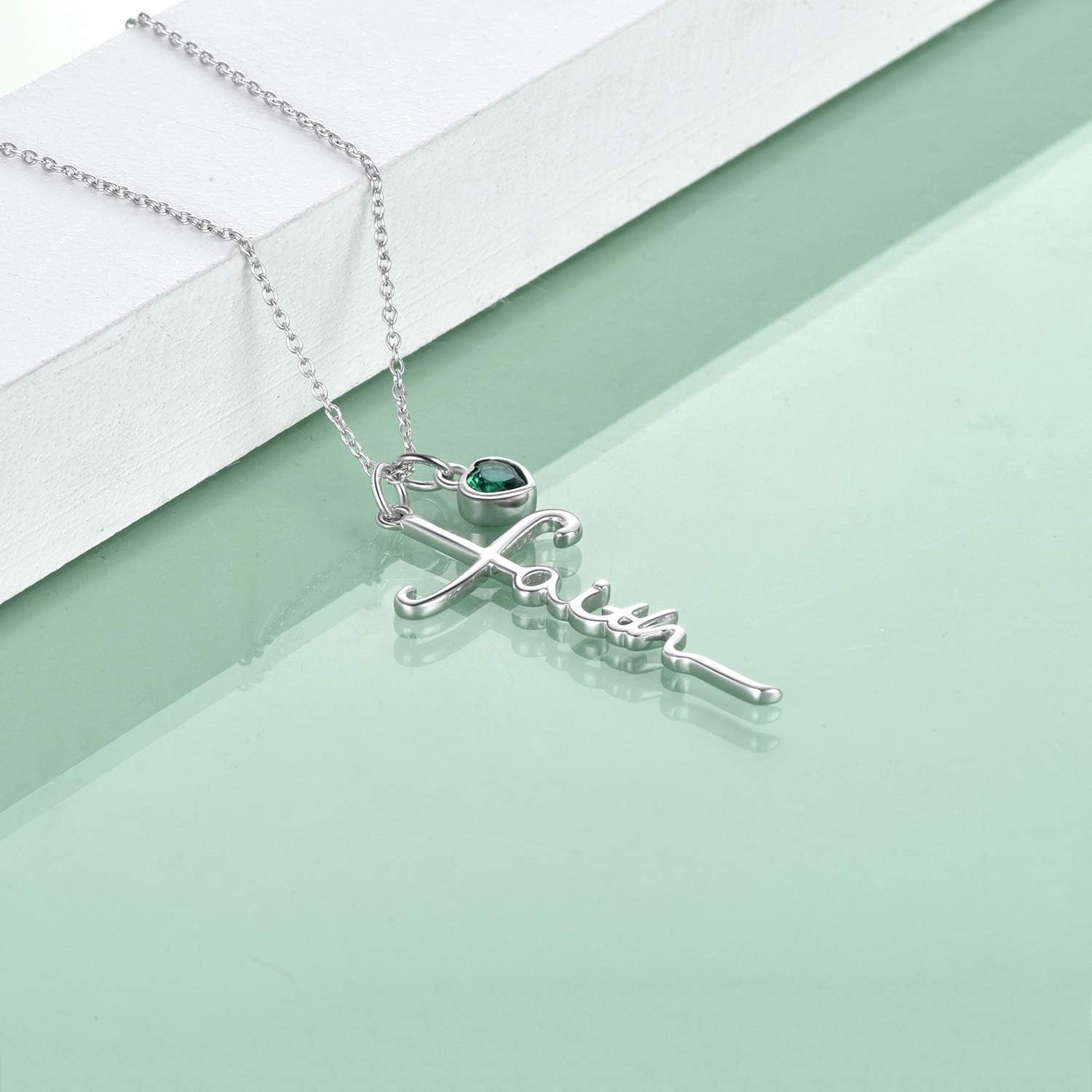 Faith Cross Necklace for Women Birthstone Sterling Silver with Simulated Birthstone Cross Jewelry Christian Gifts